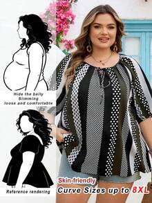 SHEIN CURVE+ Áo kiểu nữ cỡ lớn US22, thích hợp cho lễ hội âm nhạc, kỳ nghỉ ven biển, phong cách bohemian, phối màu kẻ sọc, thích hợp cho kỳ nghỉ hè/đồng quê/bãi biển/trang phục đi biển. - xanh quân đội - Xem 1