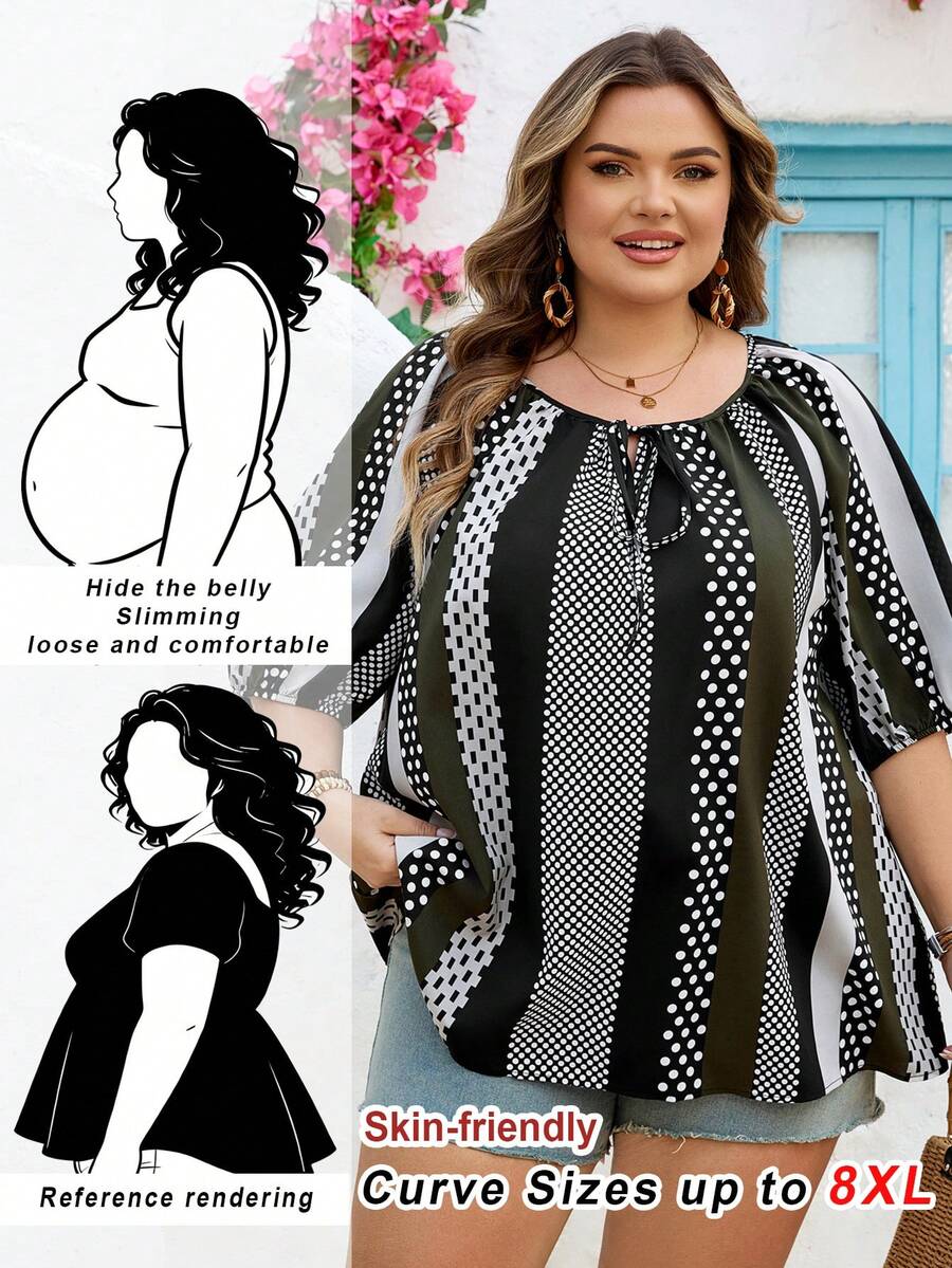 SHEIN CURVE+ Áo kiểu nữ cỡ lớn US22, thích hợp cho lễ hội âm nhạc, kỳ nghỉ ven biển, phong cách bohemian, phối màu kẻ sọc, thích hợp cho kỳ nghỉ hè/đồng quê/bãi biển/trang phục đi biển. - xanh quân đội - Xem 1