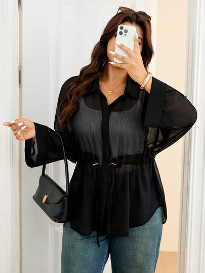 Lounesse Plus Size Women's Apricot Tie-Waist Loose Casual Shirt, Suitable For Daily Outings