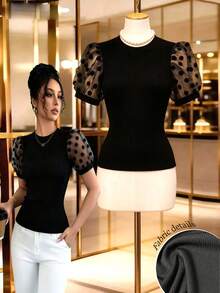 GlowEve New Spring/Summer Mesh Polka Dot Petal Sleeve Splicing Round Neck Fitted Textured Knit T-Shirt, Slimming Top For Women Tops For Women Elegant Black See Through Top Puff Sleeve Top Black Puff Sleeve Top - Black - View 7
