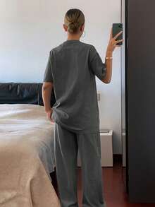 DAZY Letter Print Loose Short Sleeve Top And Pants 2 Pieces Set, Women Summer Casual Outfit - Dark Grey - View 2