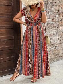 Breezaya Plus Size Women's Summer Romantic Vacation Retro Striped Print Shirred Ruffle Hem Dress, Elastic Waist Side Slit Flared Maxi Dress, Suitable For Beach Vacation, Outdoor Travel Boho Dresses For Women Women's Summer Dresses Vacation Outfits Women Dress Dresses For Women Women Holiday Dress - Multicolor - View 5