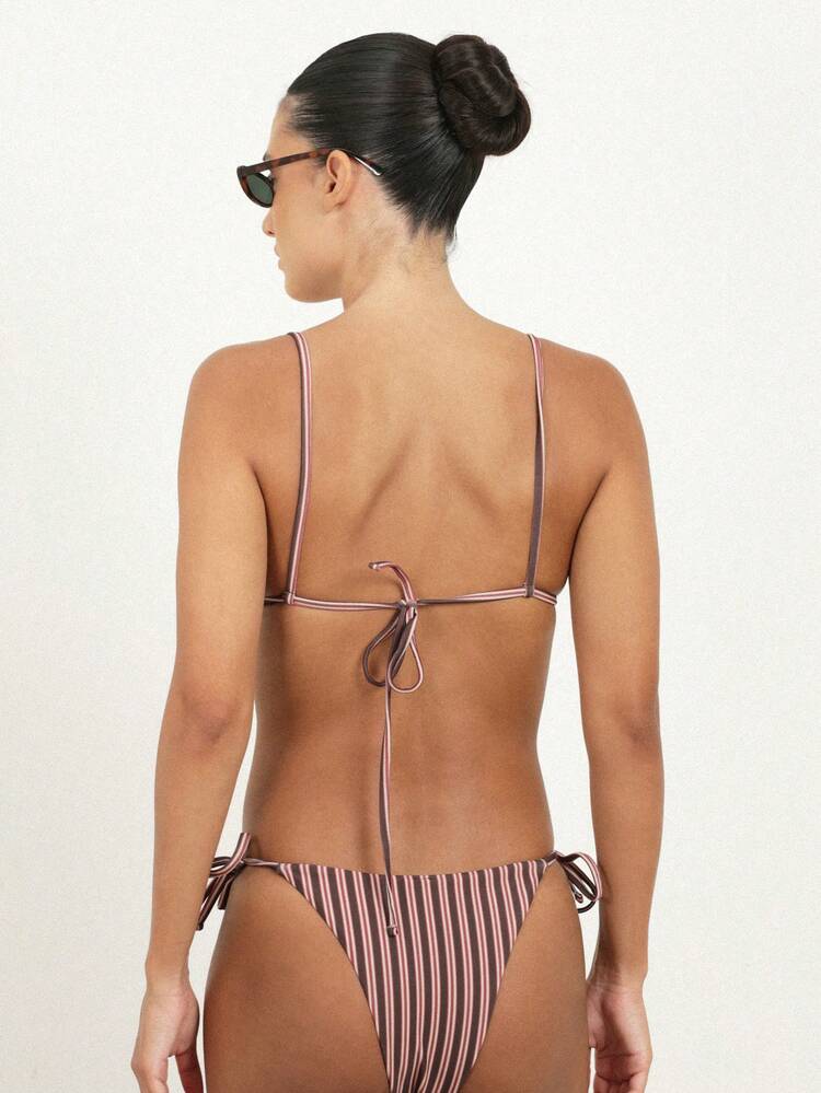 KSTM Women's Brown Pink Striped Triangle Bikini Top With Spaghetti Straps Cross Back Tie Beach Summer Swimwear Vacation Resort Beachwear