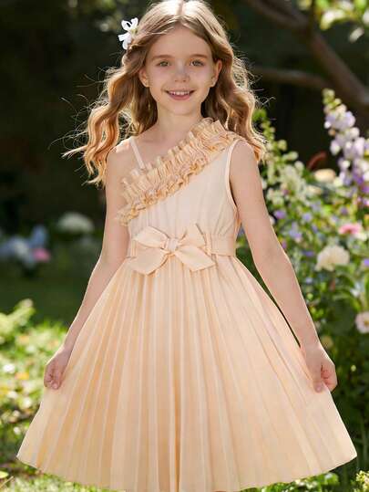 SHEIN 女童夏季新款斜肩褶皱荷叶边腰带松紧腰下摆向日葵色休闲度假连衣裙