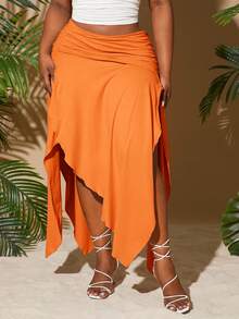 SHEIN SXY Plus Size Women Orange Summer Beach Holiday Solid Ruched Waist Asymmetrical Hem High Slit Skirt,Resort Casual Shopping Streetwear Skirt - Orange - View 3