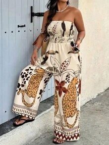 SHEIN LUNE Bộ áo liền quần cổ yếm in họa tiết nhiệt đới dành cho nữ cỡ lớn, thích hợp cho kỳ nghỉ hè. - Nhiều màu - Xem 1