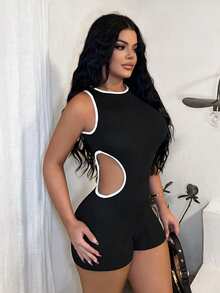 SHEIN SXY Sexy Black & White Hollow-Out Tight Romper - Black and White - View 2