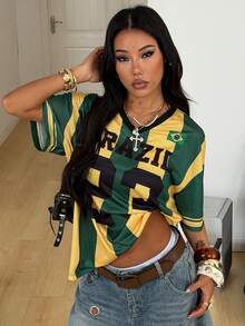 Coolane 女士夏季节日复古街头运动服号码印花超大棒球衫T恤 - 綠色 - 查看 5