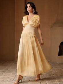 Anewsta Elegant Shiny Satin Pleated V-Neck Waist Asymmetrical Hem Midi Dress, Yellow For Women - Yellow - View 5