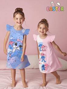 2pcs/Set Young Girls Cute Cartoon Rabbit Print Flutter Sleeve Round Neck Dress & Nightgown Loungewear Set, Elegant Casual Comfortable Daily Wear - Multicolor - View 5