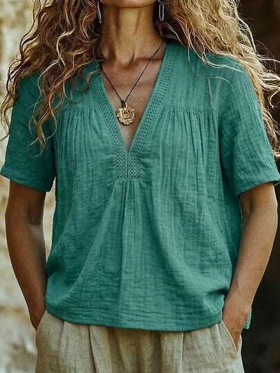 EMERY ROSE Women's Solid Color Deep V-Neck Pleated Casual Versatile Daily Wear Short Sleeve Top