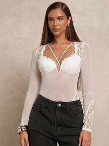 Glamine Body de mujer de moda, sexy, de encaje transparente y parches, de manga larga - Blanco - Ver 5