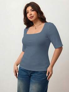 Enliva Plus Size Women's High Elastic Square Neck Short Sleeve T-Shirt,Dusty Blue,Autumn,Smart Casual,Everyday Cotton Tee For Apple Rounded Curves - Navy Blue - View 3