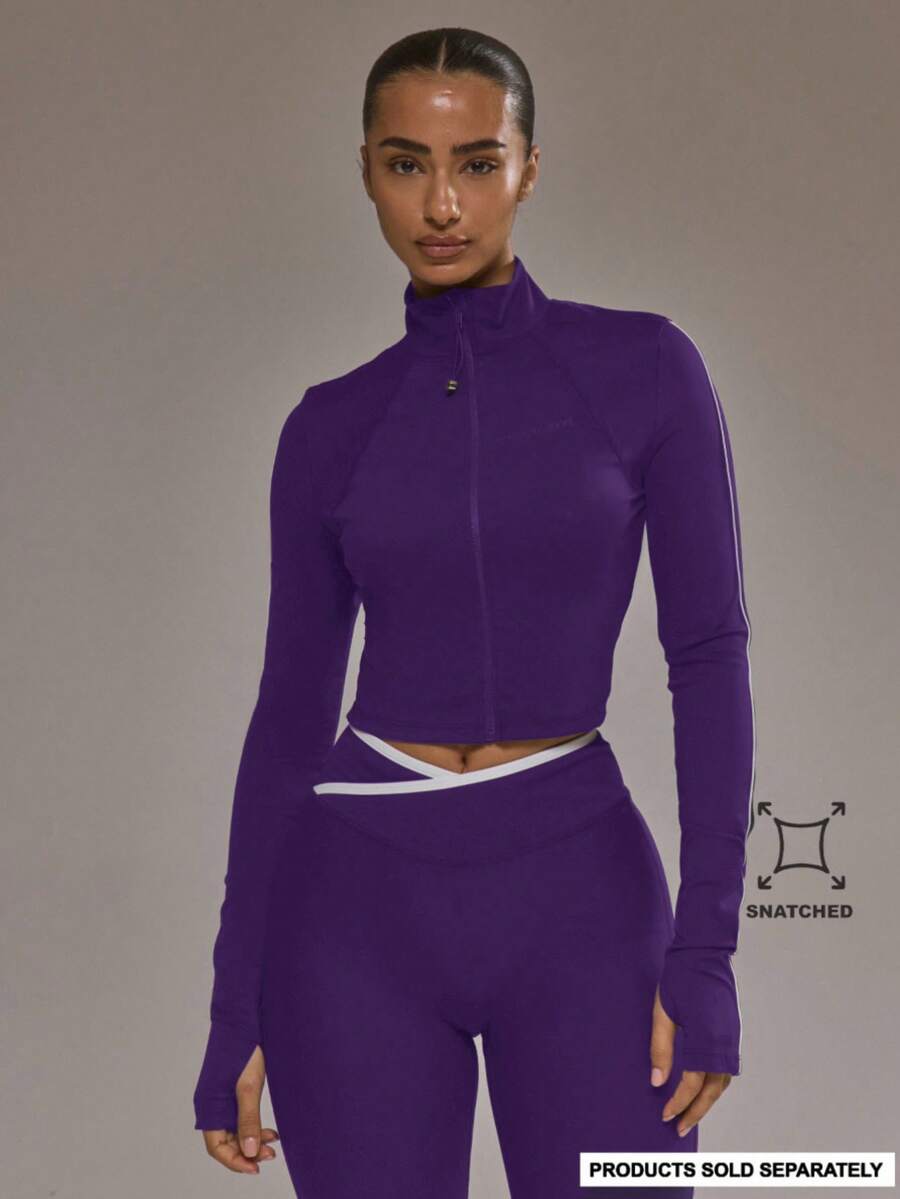 Musera Sport Zip Through Stripe Detail Cropped BBL Jacket Only Padel Autumn Fall Activewear Sport Gym Workout Yoga Pilates Fitness Daily Casual - Violet Purple - View 1