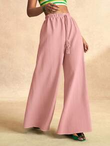 女士全长几何图案绿色休闲度假阔腿裤，女士工作裤，裹身裤，女士长裤，夏季女士办公室工作服 - 粉色 - 查看 5