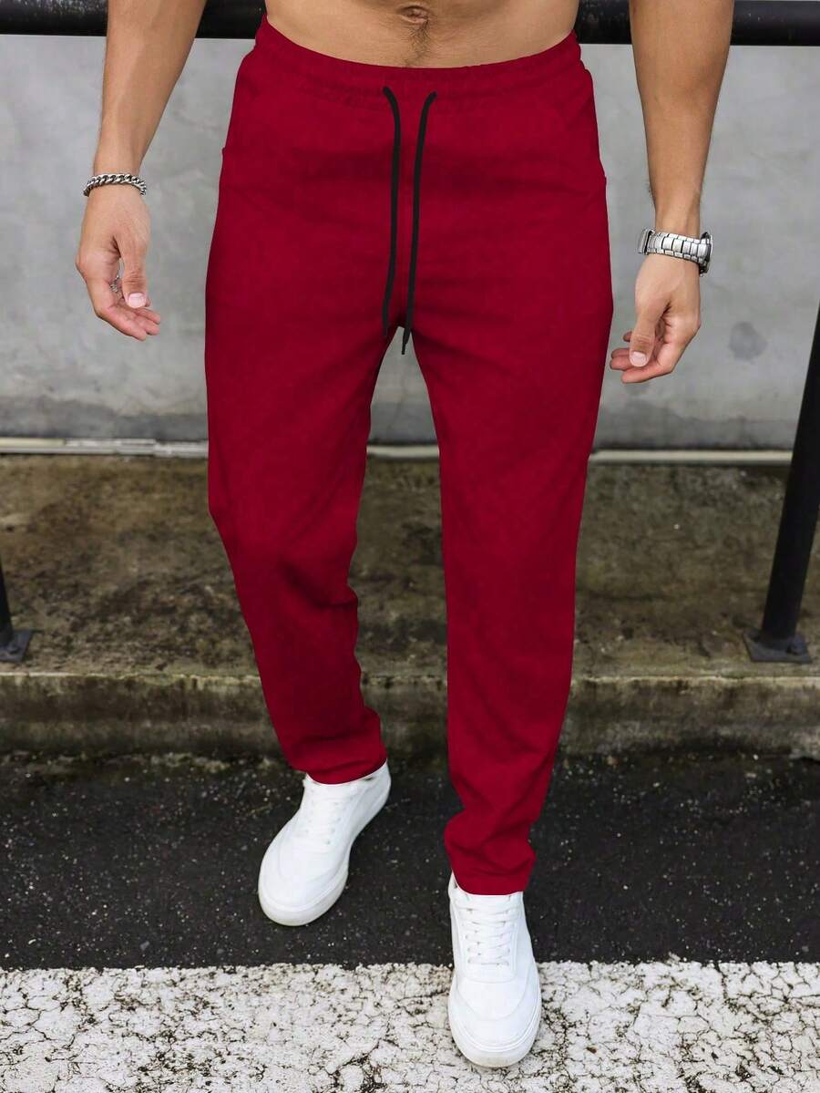 Manfinity Homme Pantalones casuales de hombre con cordón en la cintura y unicolor - Rojo - Ver 1