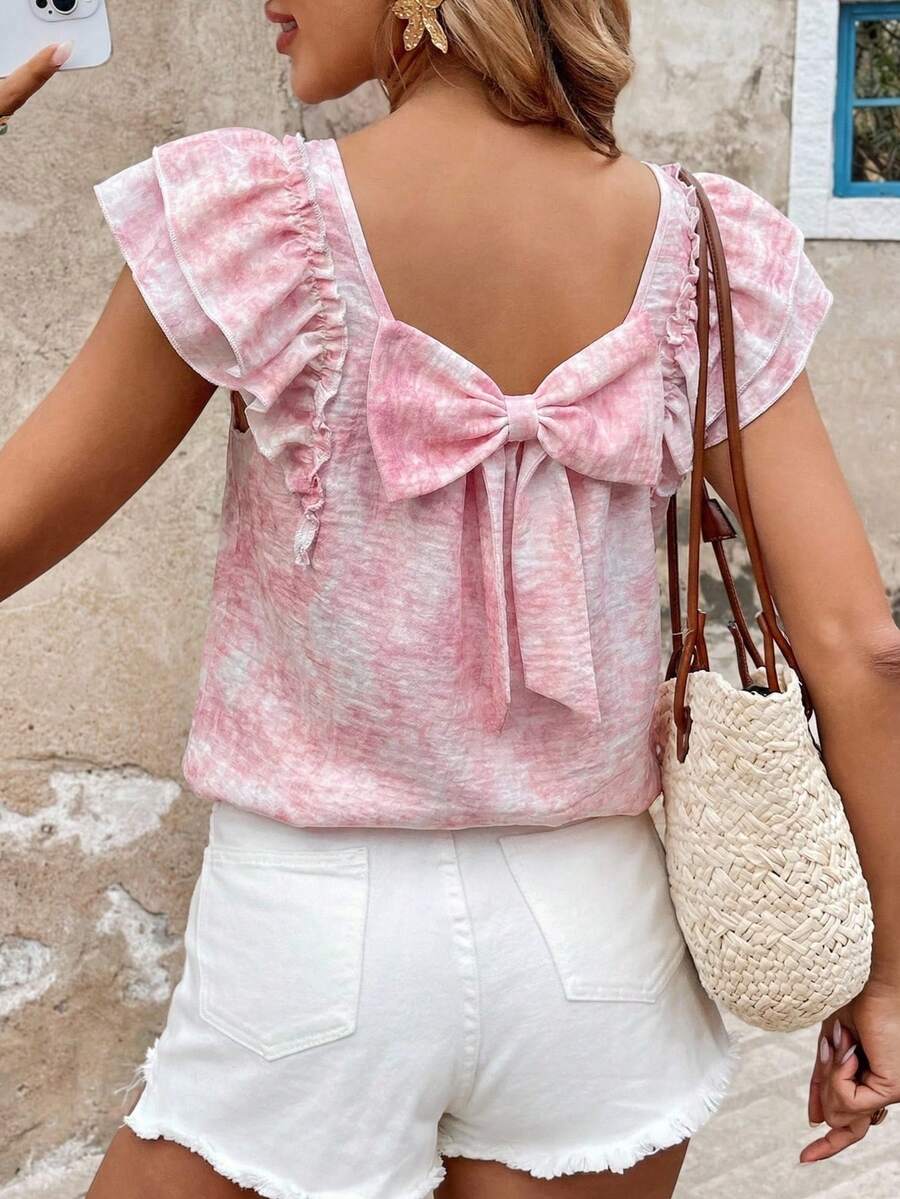 SHEIN LUNE Áo sơ mi nữ tay ngắn nhuộm màu loang kiểu dáng thường ngày, có nơ sau lưng, thích hợp cho mùa hè, kỳ nghỉ, đi làm và mặc hàng ngày. Áo hè màu hồng cho nữ, trang phục hè cho nữ, áo tay bèo, áo nữ mùa hè màu hồng đậm, áo thường ngày màu hồng. - Hồng - Xem 1