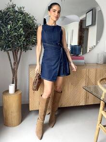 Marta Soriano Quần yếm và áo liền quần denim mới cho nữ, áo liền quần không tay, quần áo mùa thu, màu xanh đậm, trang nhã kiểu Pháp, thích hợp để đi hẹn hò - Rửa tối - Xem 1