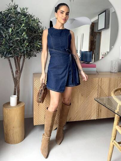 Marta Soriano 新款女士牛仔工装裤和连体裤裹身式侧腰系带无袖连体裤秋季服装深蓝色法式优雅约会服装