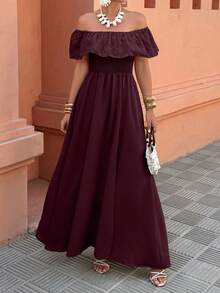 Selianne Women's Off-Shoulder Ruffle Patchwork Vacation/Casual Dress, Spring/Summer - Burgundy - View 6