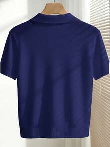 Franclia Women's Spring/Summer White Simple Casual Turndown Collar Raglan Short Sleeve Solid Color Fitted Knit Top - Navy Blue - View 2