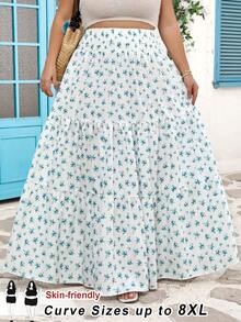 SHEIN CURVE+ Falda casual de vacaciones para mujer con estampado floral, cintura elástica y volantes en el bajo - Azul y blanco - Ver 10