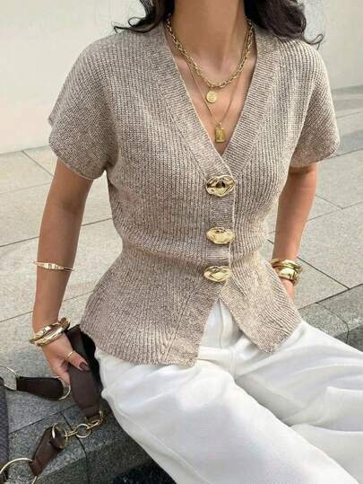 Aloruh This Women's Summer Casual Slim-Fit V-Neck Short-Sleeved Lightweight Single-Breasted Cardigan Is Versatile And Suitable For Various Occasions Such As Commuting, Casual Outings, And Birthday Parties. It Can Also Be Worn As A Teacher's Uniform And Is Appropriate For Music Festivals, Beach Vacations, And Bohemian Looks. The Elegant V-Neck Design Makes It Ideal For Everyday Wear, Partie Summer Sweaters For Women Summer Cardigan For Women Knit Top Women