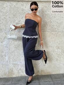 Siren Gaze Women's 100% Cotton Strapless Lace-Trimmed Lantern Pants 2-Piece Set, Women's Lace-Trimmed Camisole Top And Wide-Leg Pants Suit, Vacation Outfit For Women, Lace Top For Women, Palazzo Pants Set, Paired With A Polka Dot Bag, Strapless Set - Navy Blue - View 8