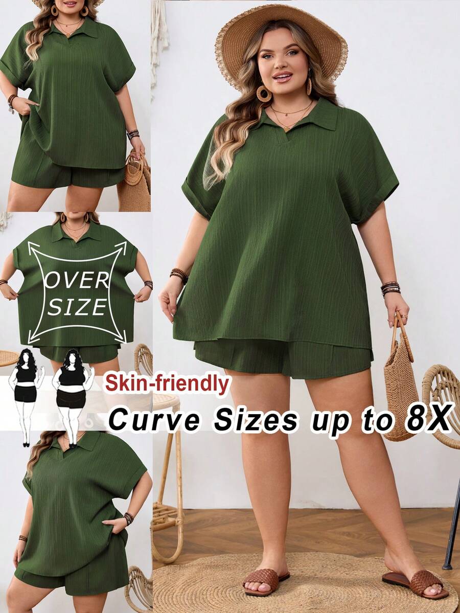 SHEIN CURVE+ Curve 尺码 US22 音乐节、海滨度假、波西米亚休闲纯色衬衫短裤套装