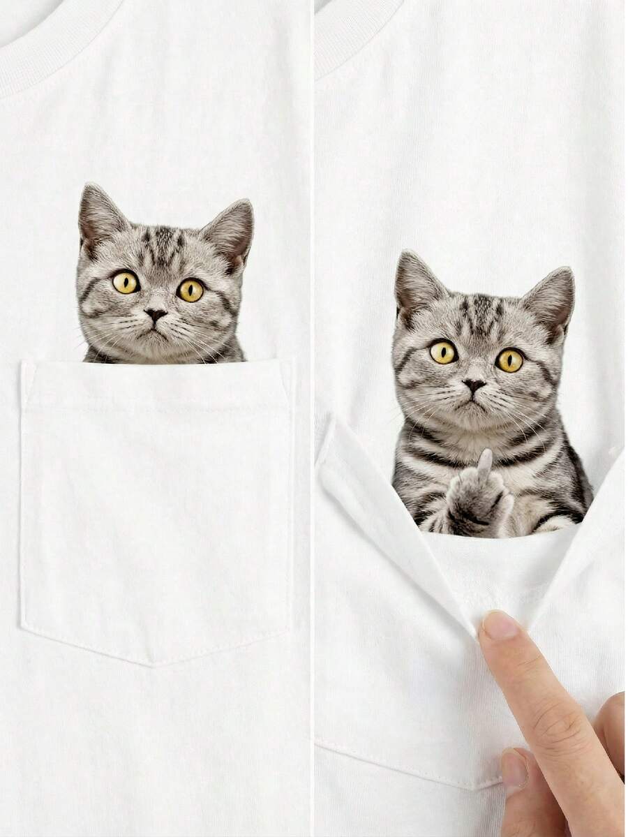 Manfinity Unisex 男士休闲猫咪印花贴袋圆领短袖T恤，夏季 - 白色 - 查看 1