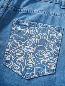 Manfinity Joysei 男士休闲时尚街头卡通字母印花宽松阔腿牛仔裤，不含腰带 - 淺色水洗藍 - 查看 5