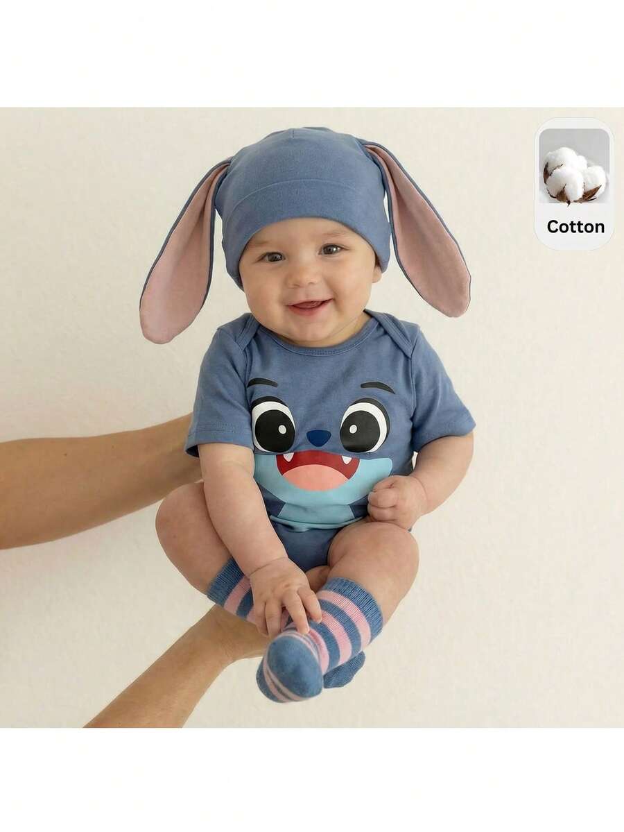 Loomiva Newborn Baby Boy/Girl Cartoon Monster Pattern Knitted Soft Crew Neck Long Sleeve Romper & Hat 2pcs Set - Multicolor - View 1