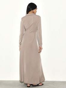 KSTM Women's Long Sleeve Deep V-Neck Side Gathered Maxi Dress With Ruched Waist Detail For Evening And Occasions - Khaki - View 2