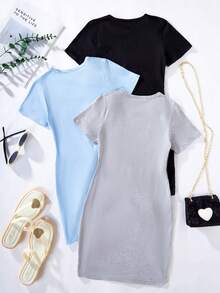 Vestido casual de unicolor de cuello redondo y manga corta para niñas preadolescentes, verano - Multicolor - Ver 2