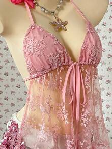 INAWLY 女士度假沙滩花卉刺绣网纱露背吊带上衣 - 粉色 - 查看 3