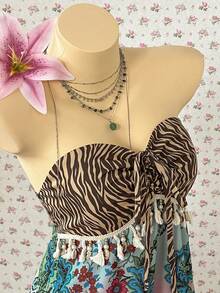 SuriyaCove Women's Zebra Print Tie Front Ruffle Hem Tassel Design Bandeau Top - Multicolor - View 6