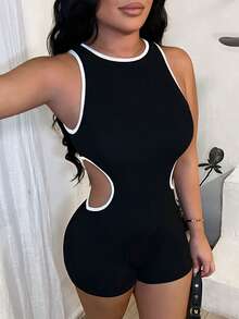 SHEIN SXY Sexy Black & White Hollow-Out Tight Romper - Black and White - View 1