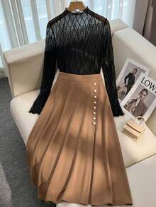 Modelyn Plus Size Women Solid Color Elastic Waist Faux Pearl Decor Casual Skirt - Pale Yellow - View 4