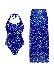 Swim Oasis 大码女式两件套，随机黑白波点印花，时尚休闲度假日常穿着，长款波点网纱裙比基尼套装 - 藍色 - 查看 7
