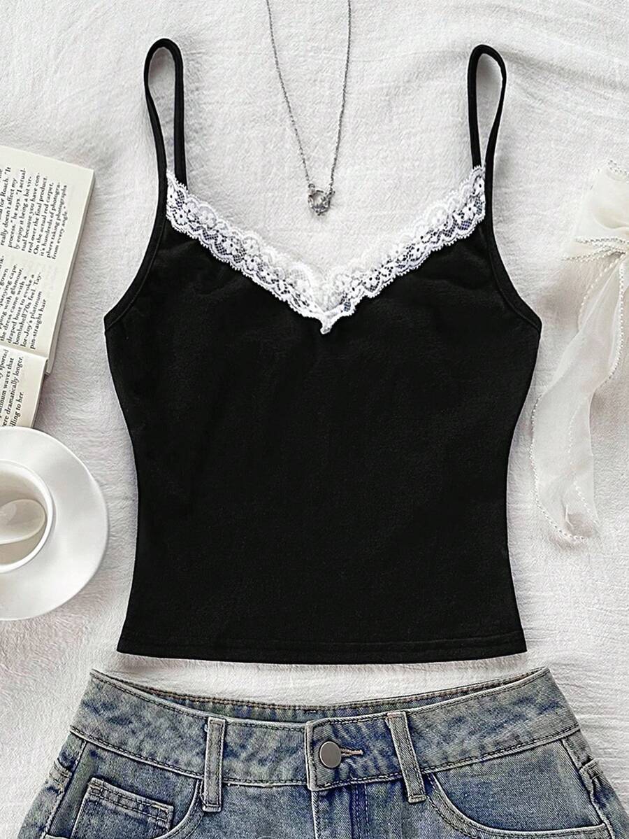 SHEIN Canotta stile balletto in pizzo bianco per ragazze pre-adolescenti, top nero carino, bralette, top canotta nero slim per ragazze pre-adolescenti - nero - Visualizzare 1