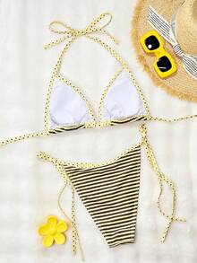 SHEIN Swim Vcay Conjunto de bikini sexy y lindo para mujer con estampado aleatorio de rayas amarillas, lunares y triángulos, con cordones, volantes y espalda descubierta - Multicolor - Ver 2