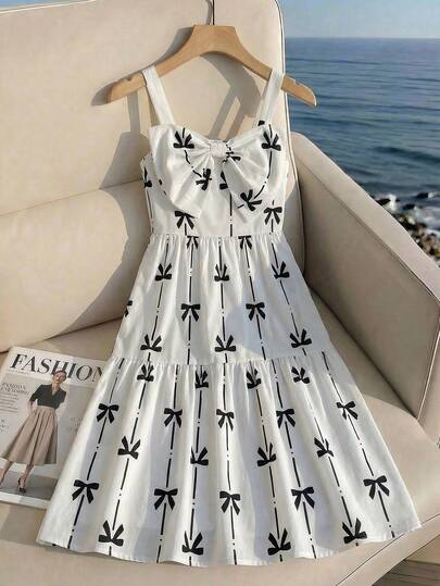 Tween Girls' Summer Casual Butterfly Print Bow Decor Camisole Dress