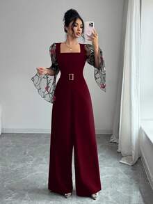 Rafferiza 2026春夏新款优雅简约长袖刺绣网纱拼接修身腰部金属纽扣连体裤（女款） - 酒紅色 - 查看 6