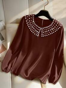 GlowEve CURVE Plus Size Elegant Pearl Collar Shirt For Commuting - Brown - View 1
