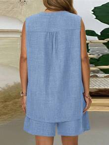 EMERY ROSE 大码女式V领纯色上衣和短裤两件套休闲套装 - 淺藍色 - 查看 2