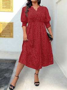 EMERY ROSE 大码女式波点印花短袖连衣裙长款套装 - 紅色 - 查看 3