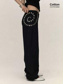 Easelle 女士休闲时尚街头朋克摇滚风铆钉装饰宽松阔腿裤 - 黑色 - 查看 1