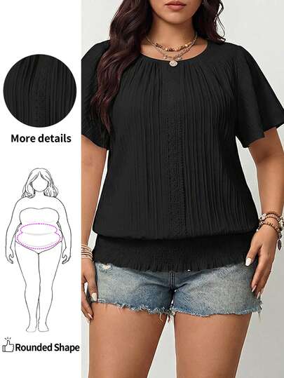 Enliva 大码花卉边饰下摆弹性短袖圆领休闲上衣