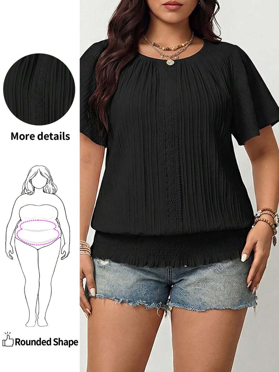 Enliva Plus Size Shirred Hem Elastic Short Sleeve Crew Neck Casual Top, For Apple And Rounded Body Shape - Black - View 1