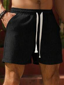 VENTUSAIL Men's Drawstring Waist Pockets Loose Casual Linen-Like Shorts - Black - View 1